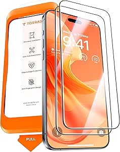 TORRAS Protector de pantalla para iPhone 15 Pro, supertransparencia, alta definición, sensible al tacto, antihuellas, duradero y resistente, 9H, vidrio templado, fácil instalación, 6.1 pulgadas, color